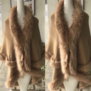 NEW LUXURY Natural Camel Faux Fur Tiered Cape Coat
